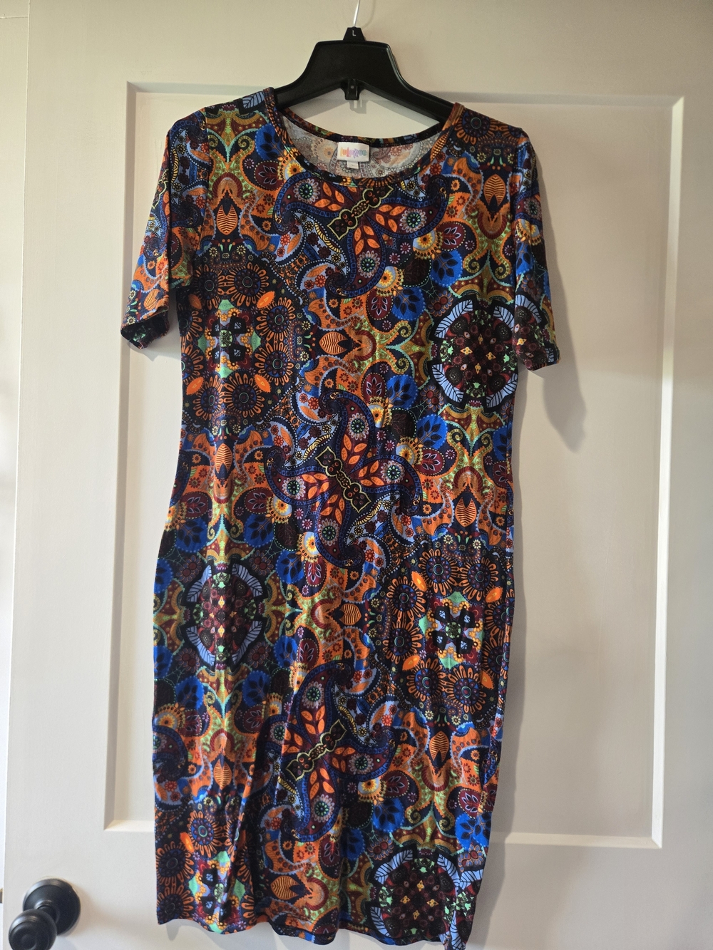 LuLaRoe Evelyn Multicolor Paisley Midi Dress in Blue and Orange